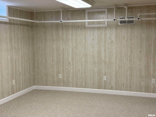 interior space featuring carpet and wooden walls