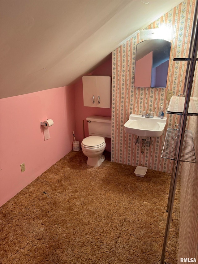 bathroom featuring vaulted ceiling, toilet, and sink