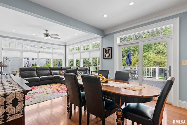 dining area with recessed lighting, light wood-style floors, ornamental molding, and a ceiling fan