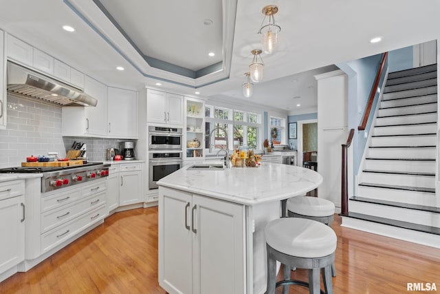 kitchen with a kitchen island with sink, pendant lighting, light hardwood / wood-style flooring, stainless steel appliances, and light stone counters