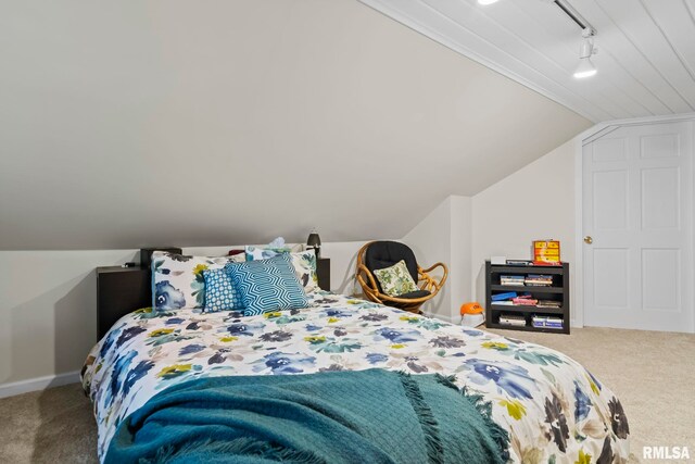 bedroom with lofted ceiling, carpet flooring, and track lighting