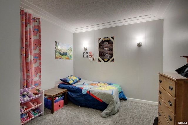 bedroom with light colored carpet, crown molding, and a textured ceiling