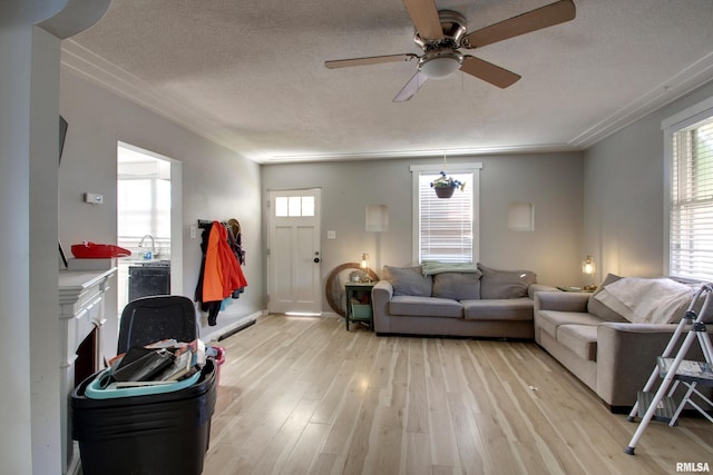 living room with a textured ceiling, a healthy amount of sunlight, ceiling fan, and light wood-type flooring