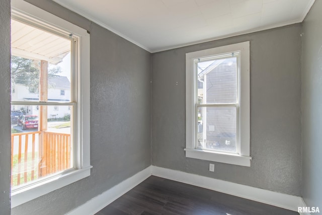 spare room featuring crown molding and dark hardwood / wood-style flooring