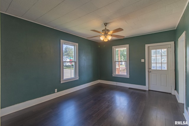 interior space featuring ceiling fan and dark hardwood / wood-style floors