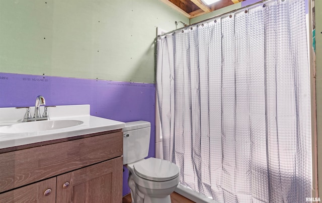 bathroom with vanity, toilet, and a shower with curtain