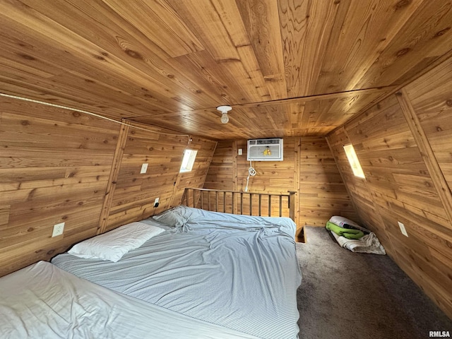 1677 E Smokey Rd, Avon, IL 61415 - unfurnished bedroom with wood ceiling, a wall mounted air conditioner, lofted ceiling, carpet, and wood walls