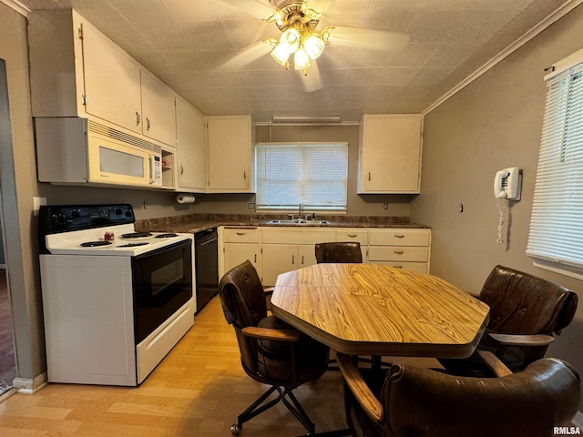 kitchen featuring white cabinetry, white appliances, light wood-type flooring, ornamental molding, and sink