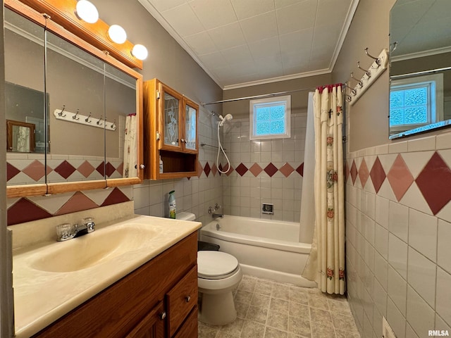 full bathroom featuring tile walls, crown molding, shower / bath combo with shower curtain, vanity, and toilet