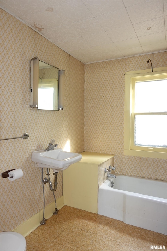 bathroom with toilet, sink, and a tub to relax in