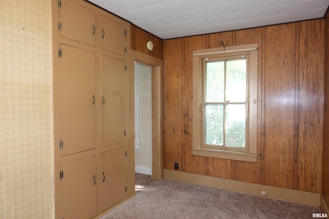 interior space with light colored carpet and wood walls