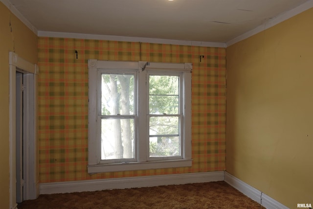 empty room with ornamental molding and carpet floors