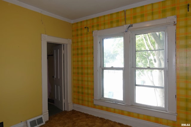 carpeted spare room featuring crown molding