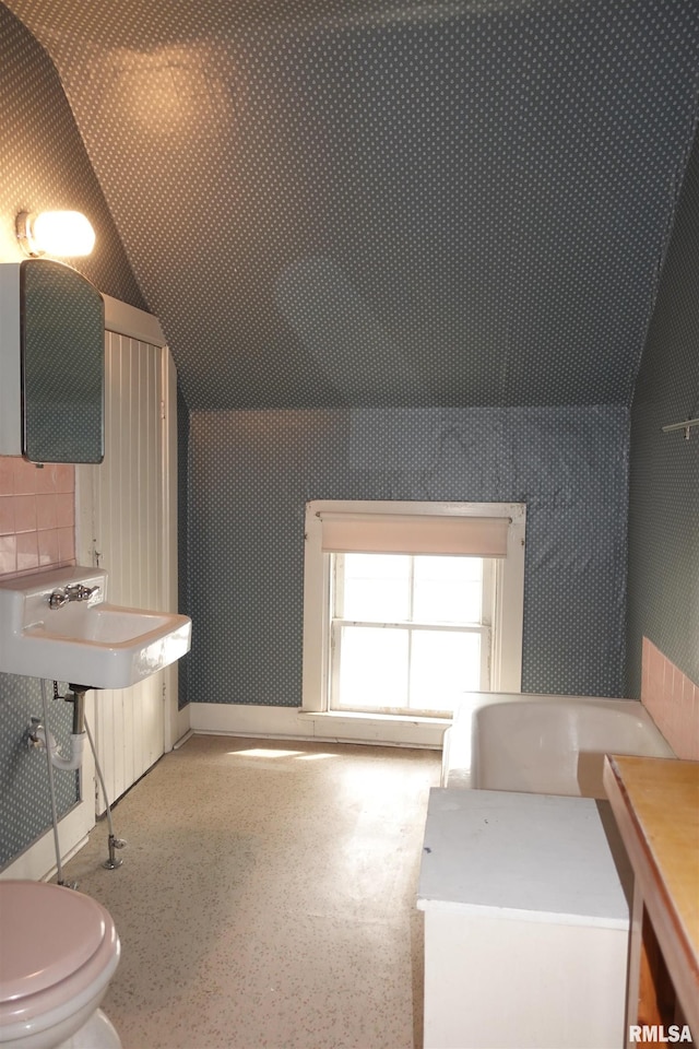 bathroom featuring vaulted ceiling, backsplash, and toilet