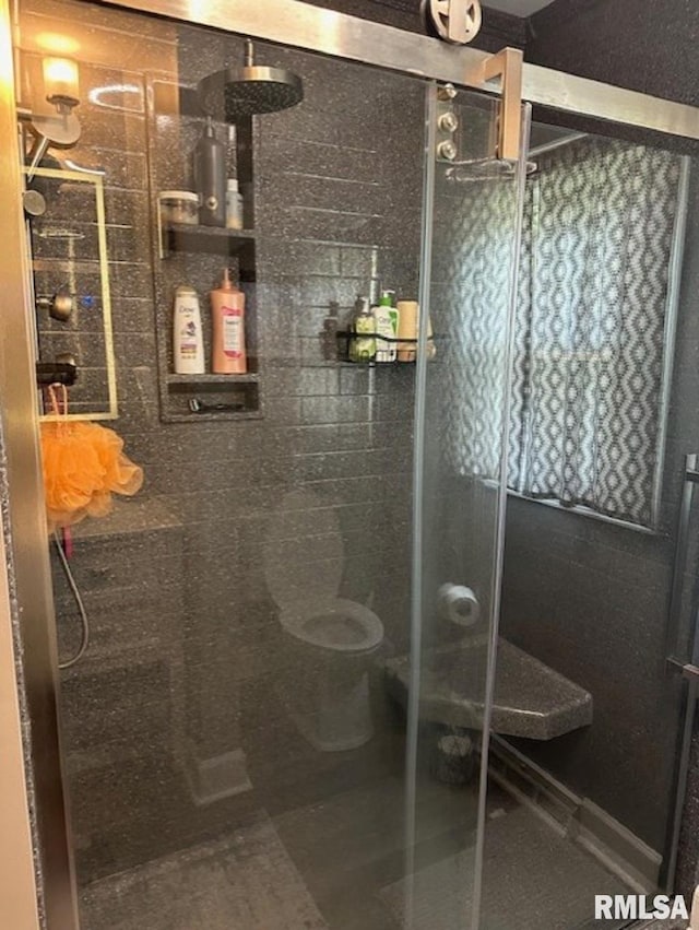 bathroom with a shower stall and toilet