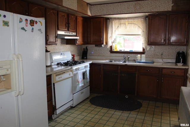 kitchen with white appliances, dark brown cabinets, and sink