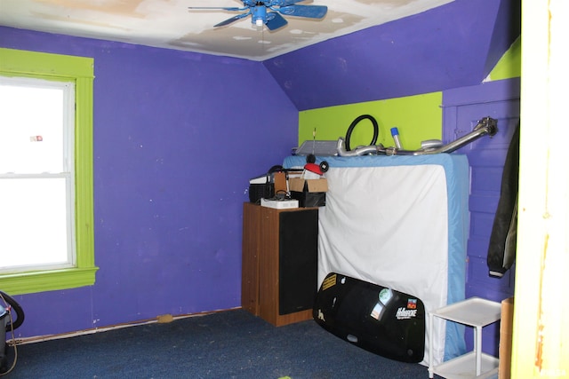 miscellaneous room featuring vaulted ceiling, ceiling fan, and carpet flooring