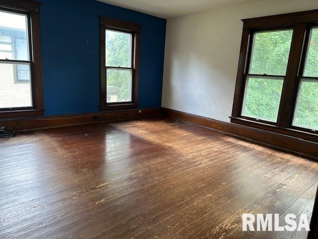 empty room with dark hardwood / wood-style flooring and plenty of natural light