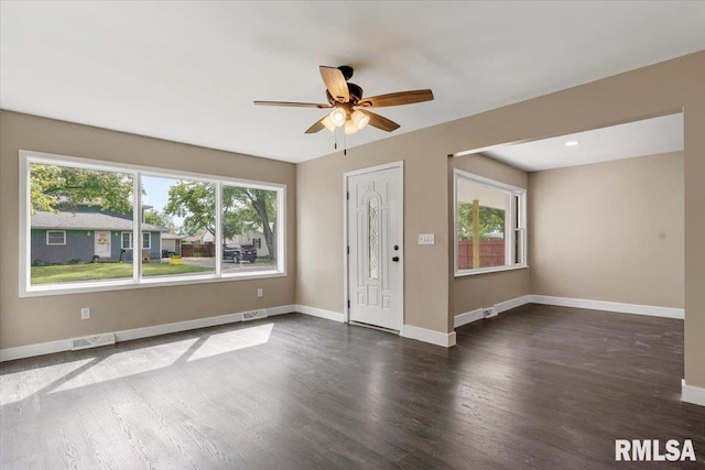 foyer with dark hardwood / wood-style floors, ceiling fan, and a wealth of natural light