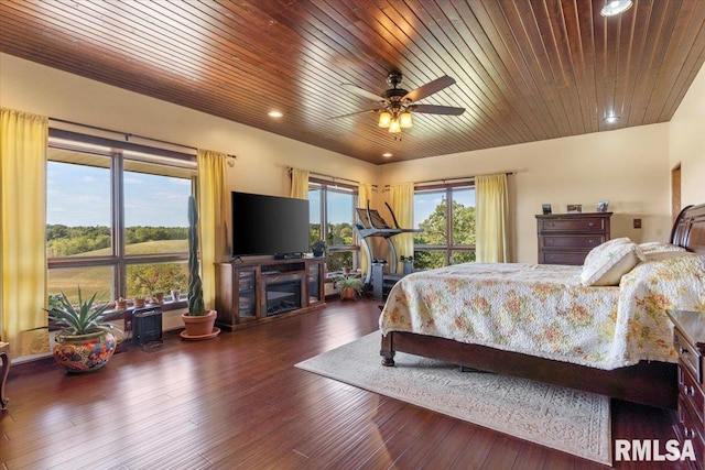 bedroom with wood ceiling, ceiling fan, and dark wood-type flooring