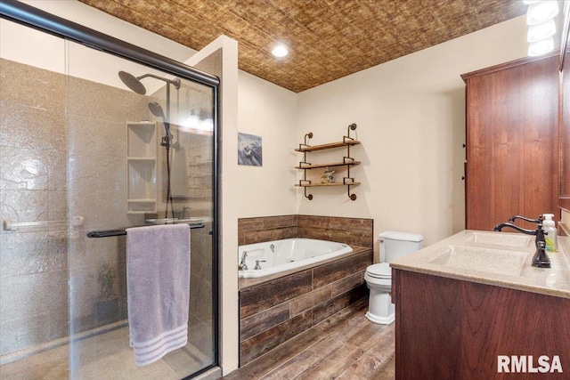 full bathroom with vanity, plus walk in shower, hardwood / wood-style floors, and toilet