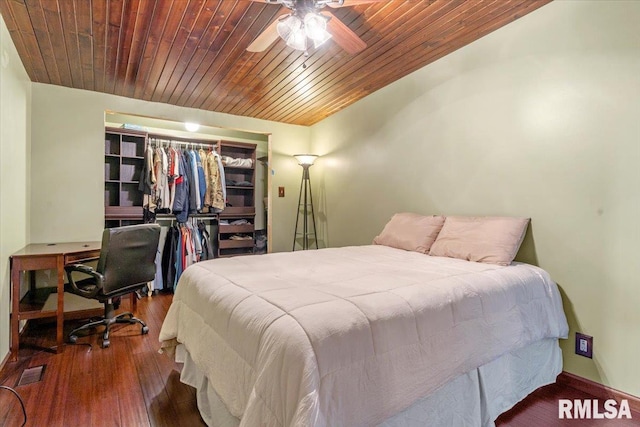 bedroom with wooden ceiling, hardwood / wood-style floors, ceiling fan, and a closet