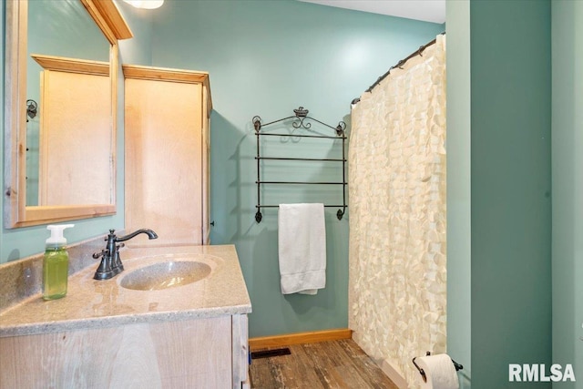 bathroom with wood-type flooring and vanity