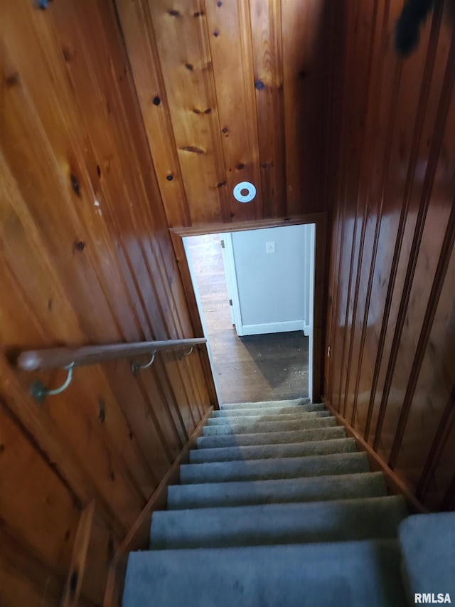 stairway with hardwood / wood-style flooring and wooden walls