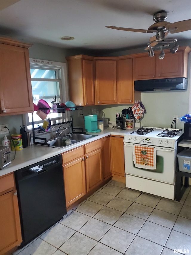 kitchen with light tile patterned flooring, white range with gas stovetop, black dishwasher, ceiling fan, and sink