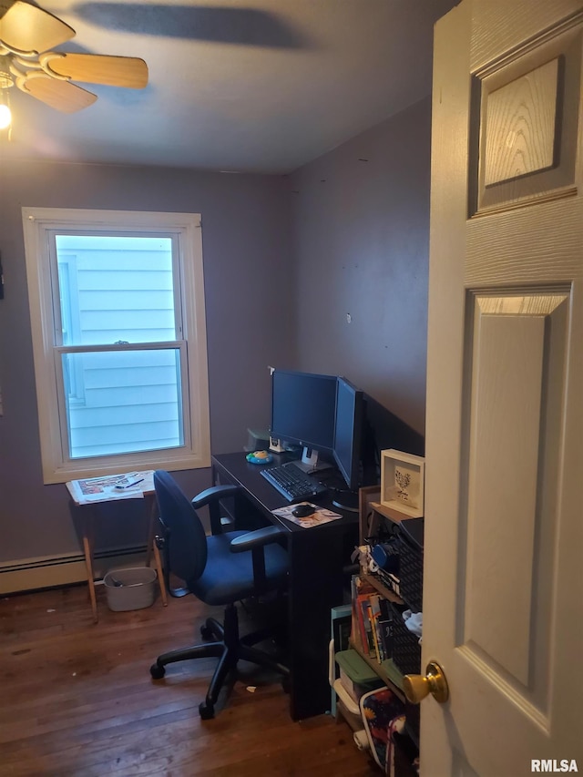 office space with dark hardwood / wood-style floors and ceiling fan