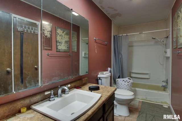 full bathroom featuring vanity, toilet, shower / bathtub combination with curtain, and tile patterned floors