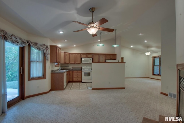 kitchen with light carpet, white appliances, lofted ceiling, and ceiling fan