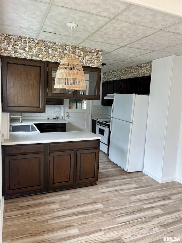 kitchen featuring dark brown cabinets, white appliances, light hardwood / wood-style flooring, and sink