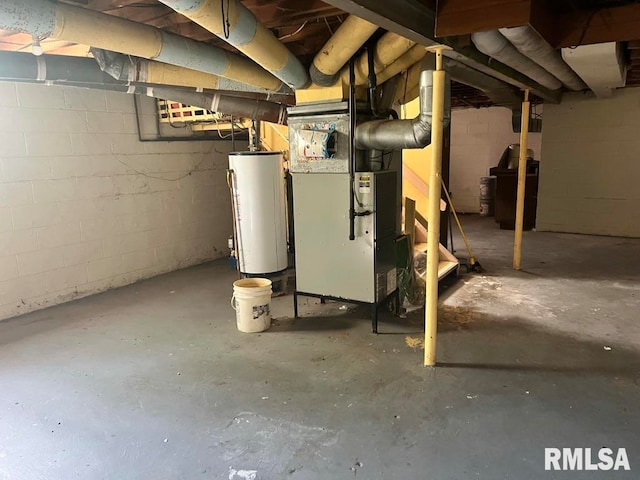 basement with heating unit and water heater