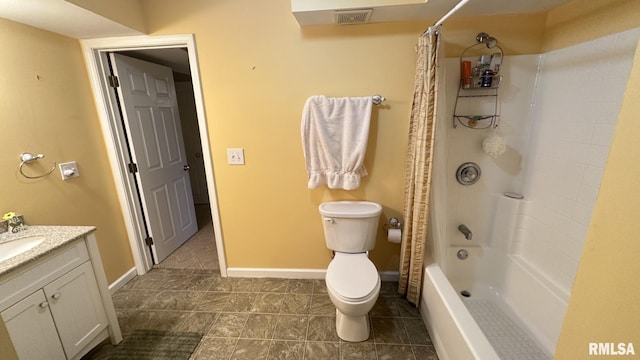 full bathroom featuring vanity, shower / bath combination with curtain, and toilet