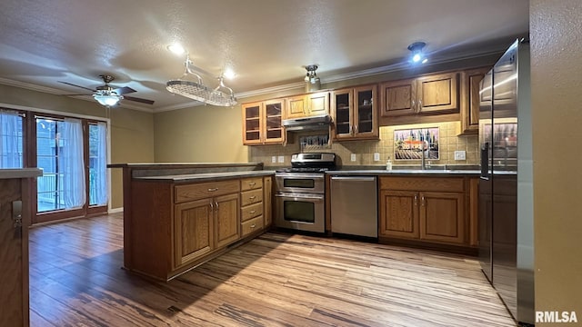 kitchen with sink, tasteful backsplash, kitchen peninsula, light hardwood / wood-style floors, and appliances with stainless steel finishes