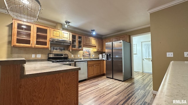 kitchen featuring sink, crown molding, tasteful backsplash, light hardwood / wood-style floors, and stainless steel appliances