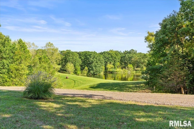 view of home's community featuring a lawn and a water view