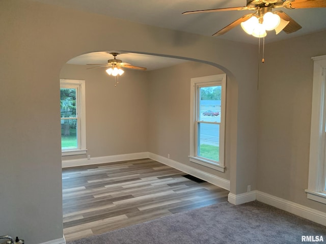 spare room with ceiling fan, light hardwood / wood-style floors, and a wealth of natural light