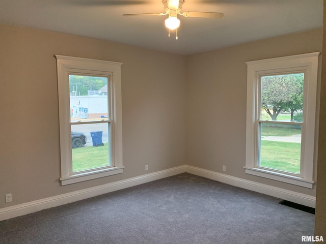 spare room featuring carpet, ceiling fan, and a healthy amount of sunlight