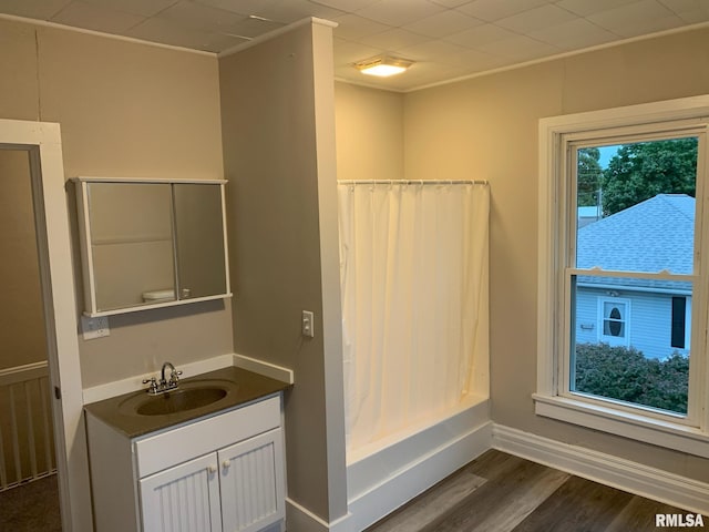 bathroom with wood-type flooring, vanity, a wealth of natural light, and crown molding