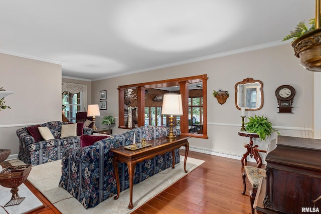 living room with baseboard heating, crown molding, and hardwood / wood-style floors