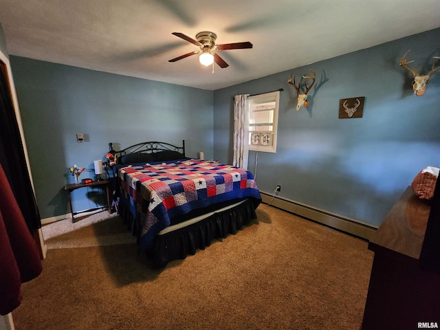 carpeted bedroom featuring a baseboard radiator and ceiling fan