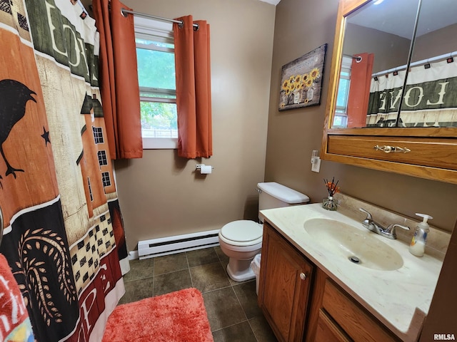 bathroom featuring vanity, tile patterned floors, a baseboard radiator, toilet, and a shower with shower curtain