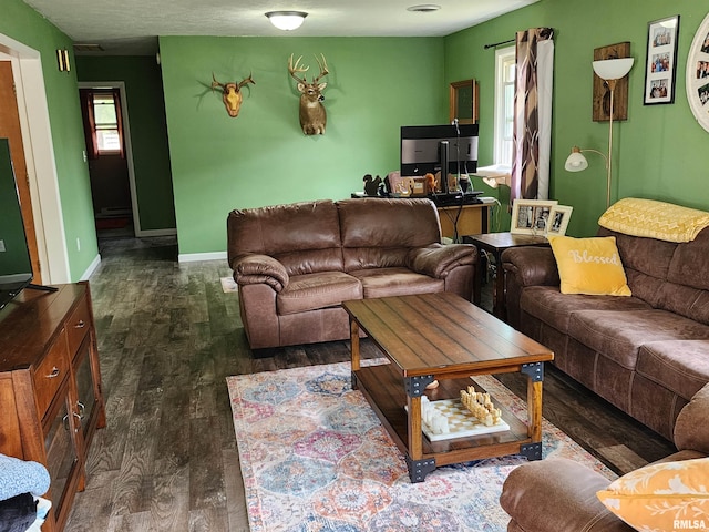 living room featuring dark wood-type flooring