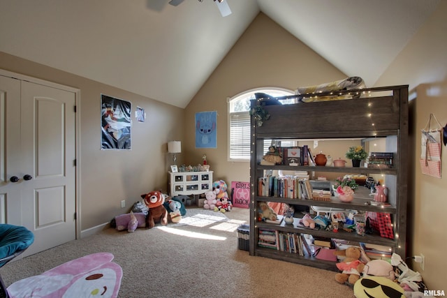 bedroom featuring a closet, vaulted ceiling, ceiling fan, and carpet floors