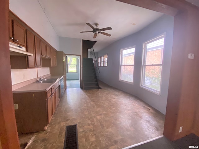 kitchen with sink, stainless steel dishwasher, and ceiling fan