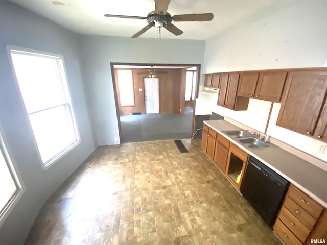 kitchen with sink, black dishwasher, and ceiling fan