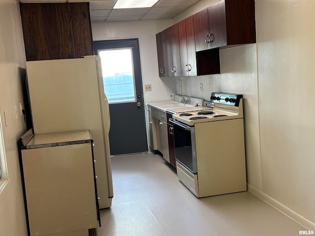 kitchen with a paneled ceiling, sink, dark brown cabinets, and white appliances