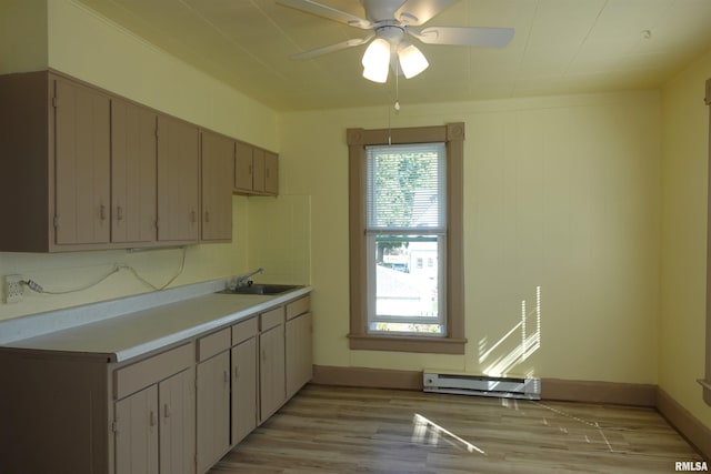 kitchen featuring light hardwood / wood-style floors, baseboard heating, ceiling fan, and sink